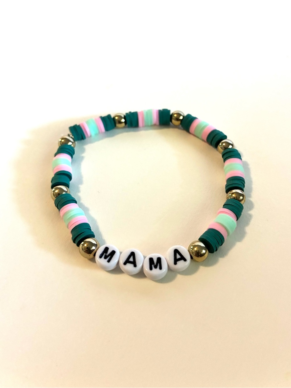MAMA Beaded Stretch Bracelet in Teal, Pink & Mint with Gold Accents